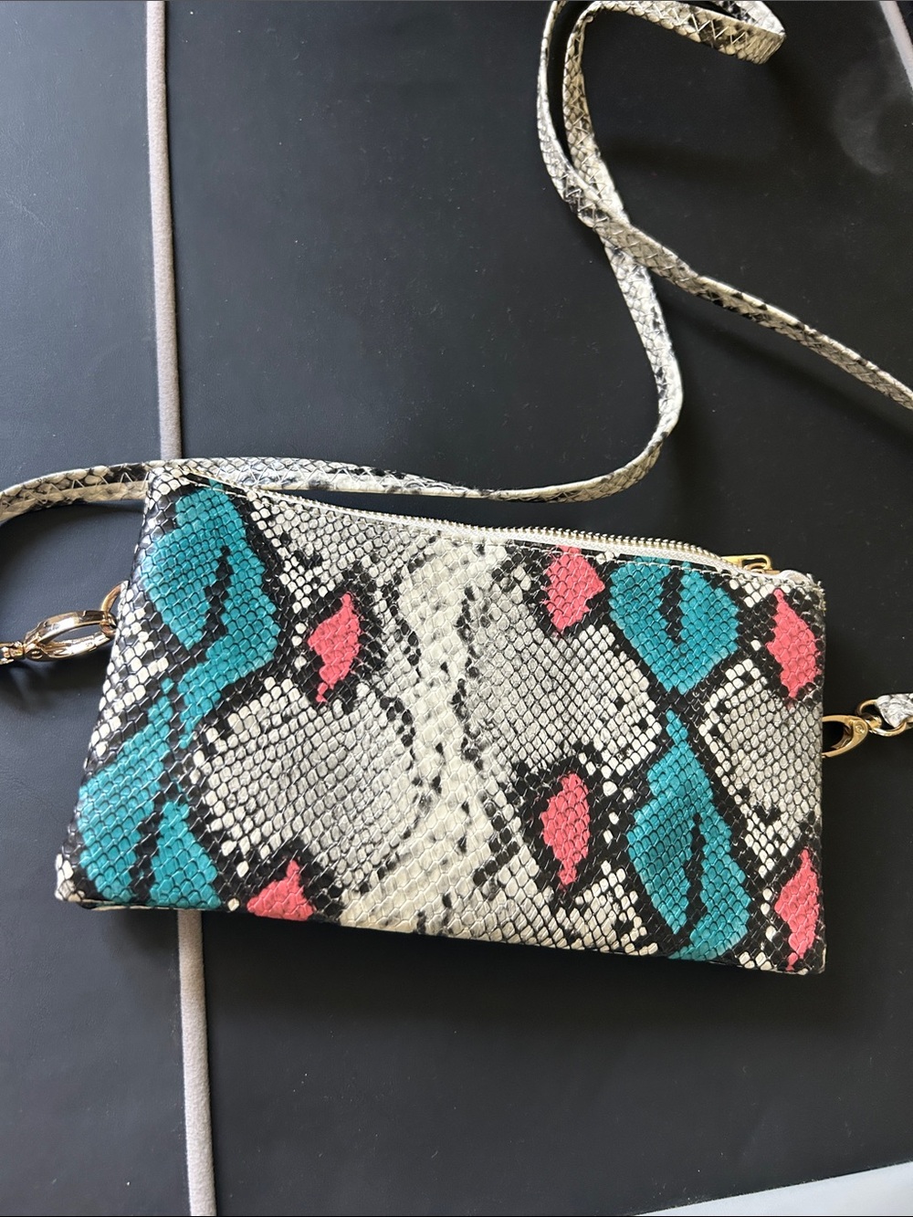 Snake-Print Crossbody Wallet in Teal, Pink and Cream